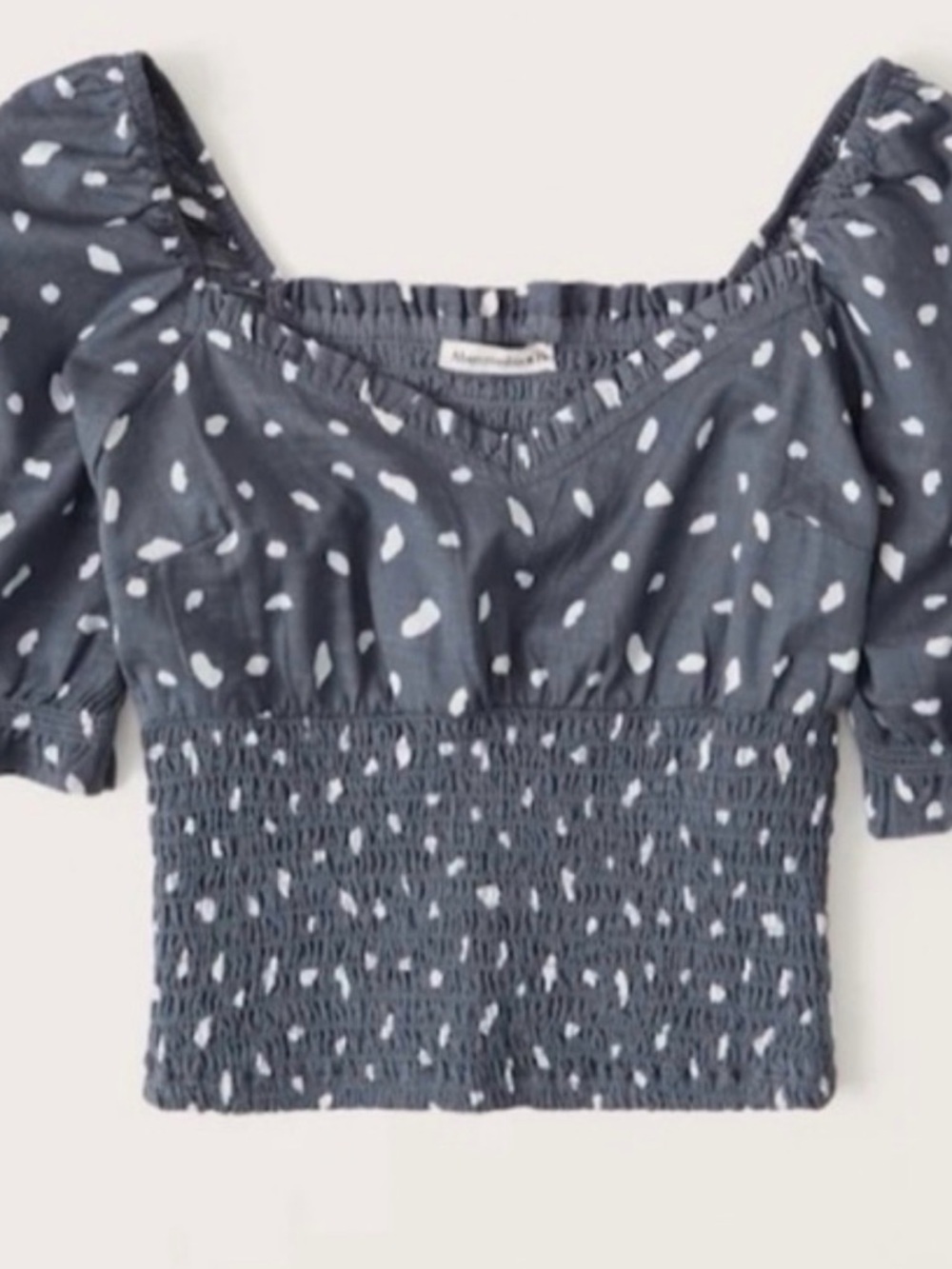 Abercrombie & Fitch Slate Blue Smocked Puff-Sleeve Crop Top with White Dot Print